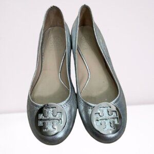 Tory Burch Women's Silver Metallic Leather Reva Ballet Flats Size 7